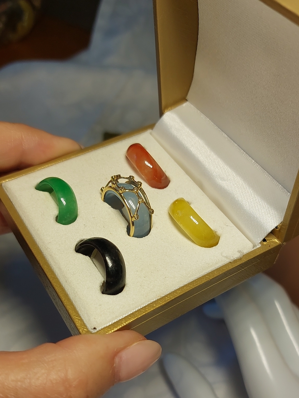 Jade Interchangeable Ring Set Ornate Goldtone Caged Ring